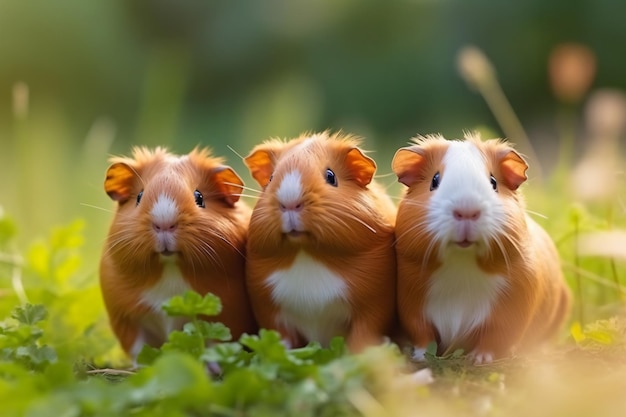 drie cavia's zitten op een rots in het gras