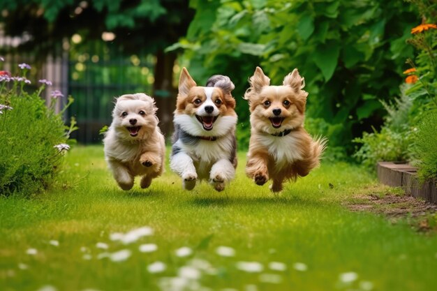 Drie Chihuahua die op de tuin rennen