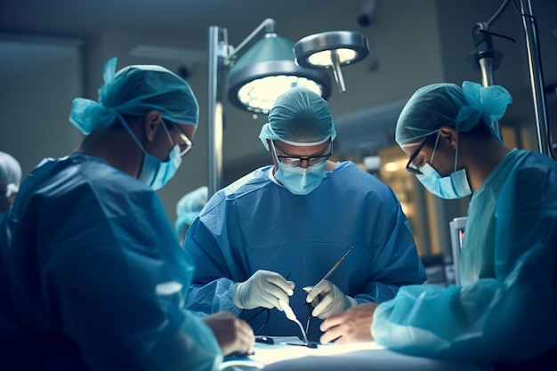Drie chirurgische operators werken in een heldere ziekenhuisoperatiekamer met generatieve AI