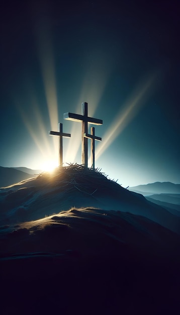 Drie christelijke kruisen silhouet op Calvary voor Goede Vrijdag
