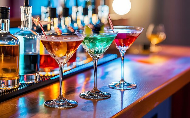 Drie cocktails in martini glazen met barflessen op de achtergrond