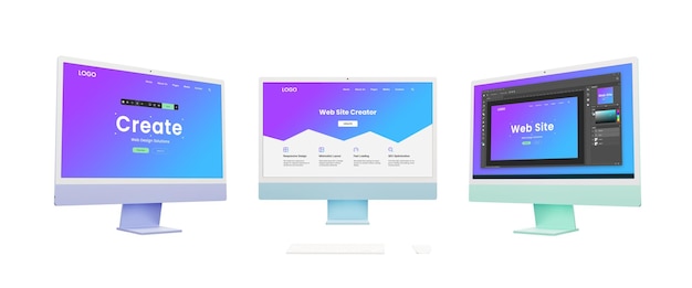 Foto drie computerdisplays tonen webontwerpcreatietools en interfaceconcepten die een glimp opleveren