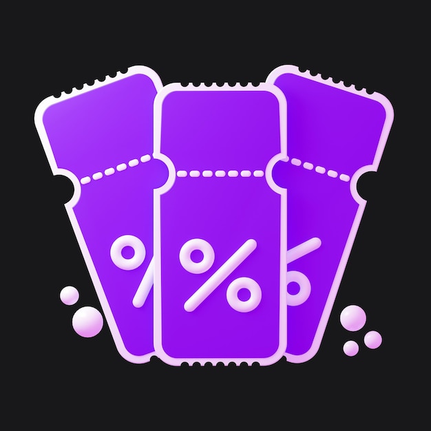 Drie coupons in paarse tinten met een percentageteken 3D-rendering