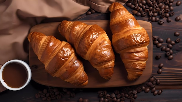 Drie croissants op een bord met koffiebonen op tafel