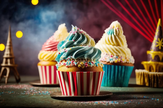 Drie cupcakes met kleurrijk glazuur en hagelslag Generatieve AI