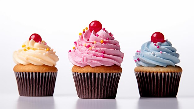 Drie cupcakes met verschillende gekleurde glazuur en strooien op de top generatieve ai