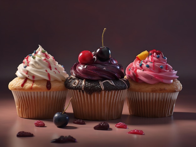 Drie cupcakes met verschillende kleuren en een zwarte kers erop