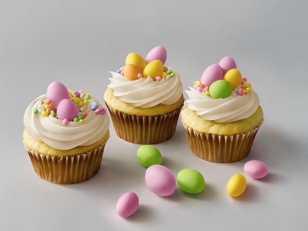 Drie cupcakes met witte frosting en een witte frosting met paaseitjes erop.