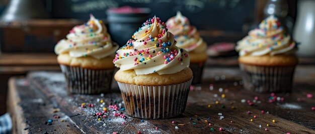 Foto drie cupcakes met witte glazuur en besprenkels op een houten