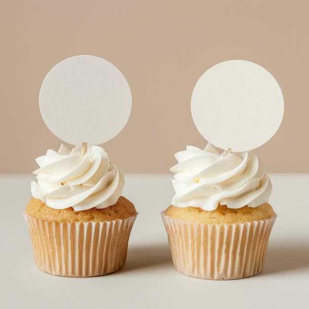 Foto drie cupcakes met witte glazuur en een cirkel met een witte cirkel bovenop