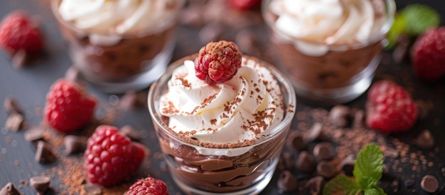 Drie desserts met whipped cream chocolade en frambozen