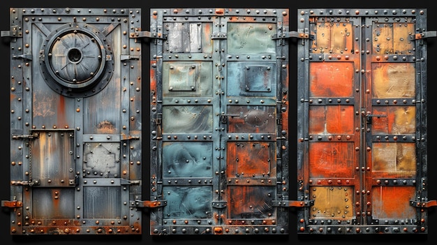 Foto drie deuren met een roestige metalen frame en een cirkelvormig raam in het midden