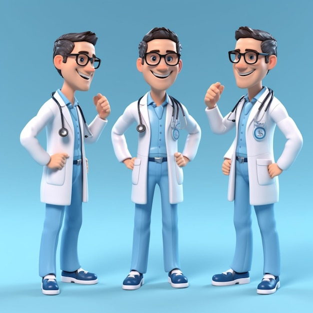 Drie dokters op een rij met een bril en een blauw shirt.