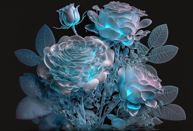 Drie donkerblauwe rozen geïsoleerd op zwart AI gegenereerd