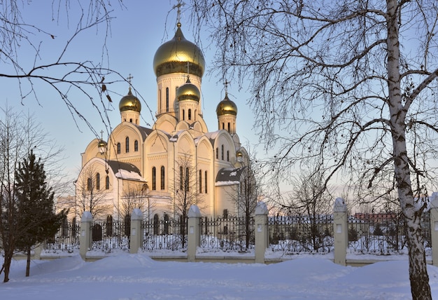 drie-eenheid orthodoxe vladimir-kathedraal in de stad novosibirsk gouden koepels kruisen