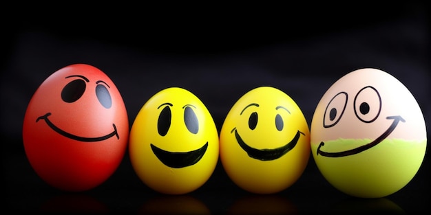 Drie eieren met gezichten en een met 'happy face' op de voorkant