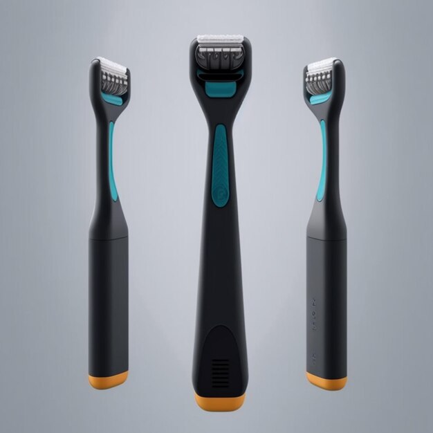 Drie elektrische tandenborstels met verschillende kleuren en vormen op een grijze achtergrond generatieve ai