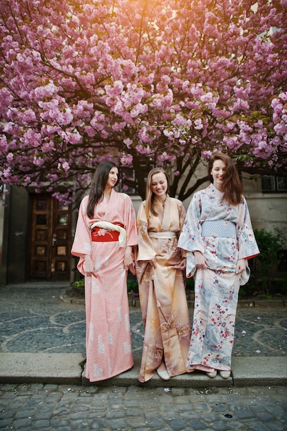 Drie europese meisjes die traditionele japanse kimono dragen als achtergrondbloesem roze sakuraboom