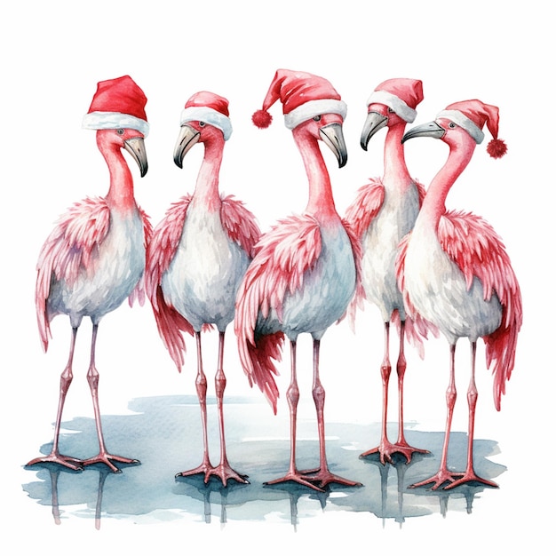 drie flamingo's met kerstmutsen die in een rij staan generatieve ai