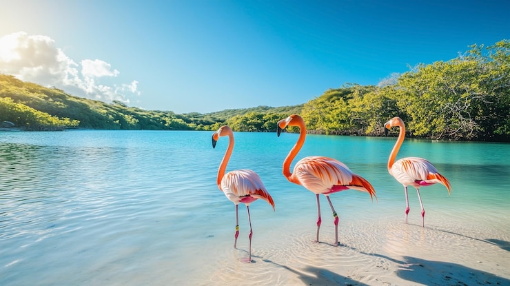 Foto drie flamingo's staan op het strand.