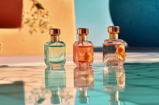 Drie flesjes parfum met een blauwe achtergrond en een vaas met bloemen op tafel.