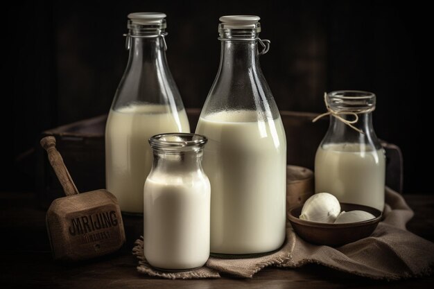 Drie flessen melk op een tafel met een houten lepel en een houten kom met een etiket met de tekst 'melk'