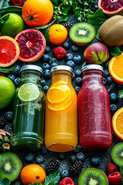 Drie flessen sap zitten op tafel met gesneden fruit om hen heen.