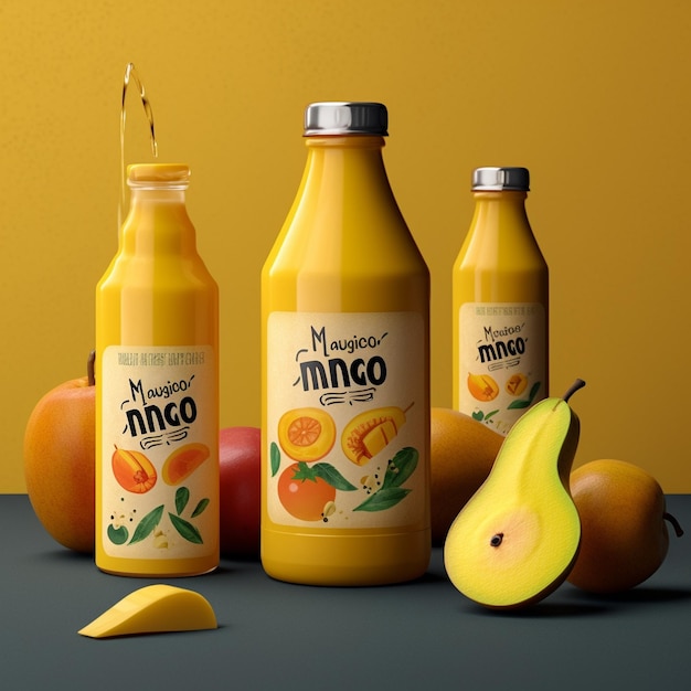 drie flessen sinaasappelsap met een van hen gemarkeerd met het woord macaron erop.