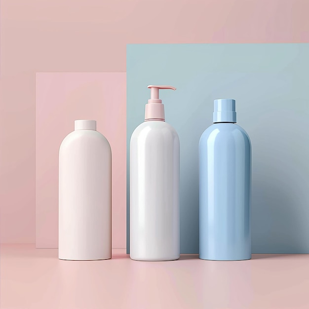 drie flessen van verschillende kleuren op een roze achtergrond