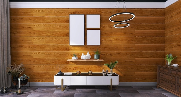 Drie fotolijsten in modern woonkamerinterieur met houten achtergrond