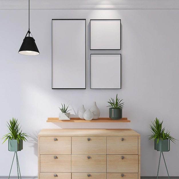 Drie fotolijstjesmodel in modern woonkamerinterieur met kamerplanten, witte muur