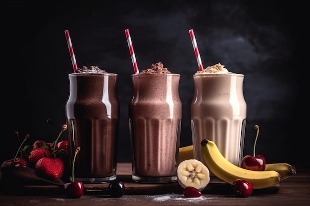 Drie fruit- of chocoladesmoothies of milkshakes