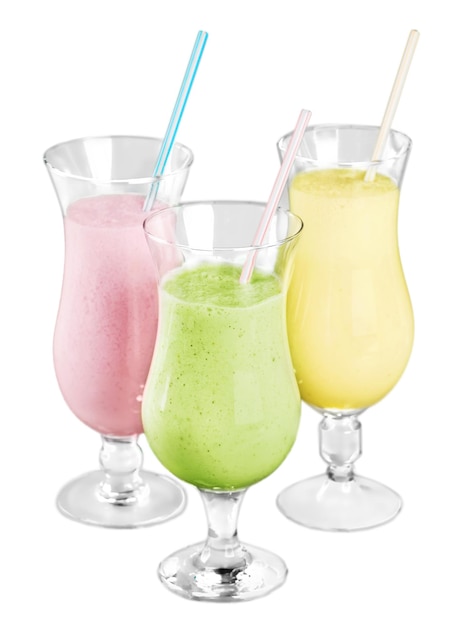 Drie Fruit Smoothies Met Rietjes Geïsoleerd Op Een Witte Achtergrond