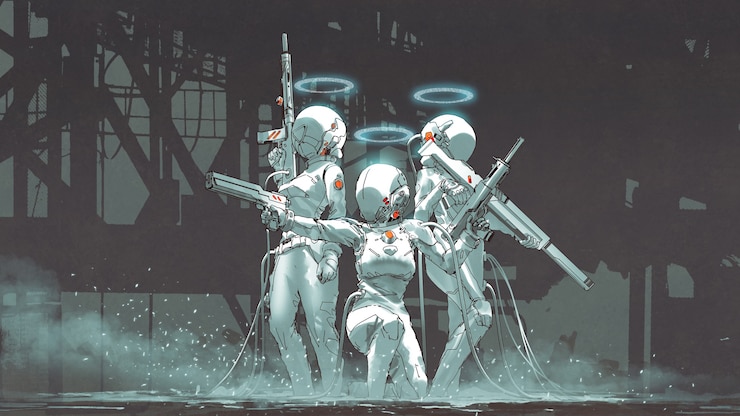 Foto drie futuristische vrouwelijke soldaten met hi-tech wapens om zich voor te bereiden om te vechten, digitale kunststijl, illustratie schilderij