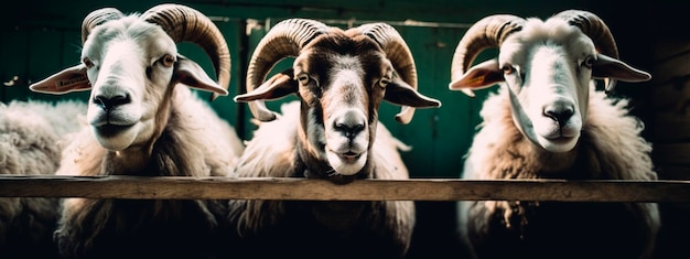 Drie gehoornde schapen op de boerderij Generatieve AI