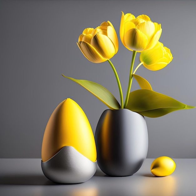 Drie gele bloemen in een vaas met een met het woord tulpen erop.