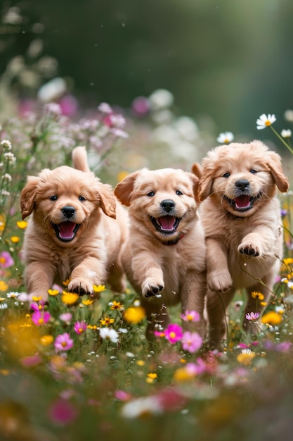 Drie gele labrador puppies rennen door een veld van bloemen.