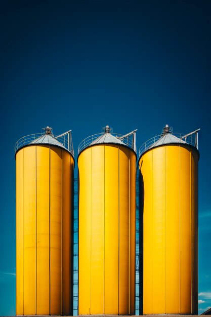 Foto drie gele watertanks staan in een rij op een zonnige dag generatieve ai