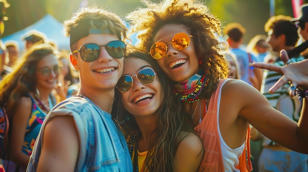 Drie gelukkige vrienden op een muziekfestival Ze glimlachen allemaal en dragen een zonnebril