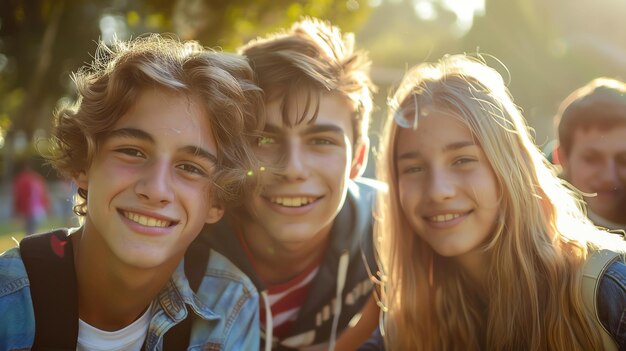 Drie gelukkige vrienden poseren voor een foto de zon schijnt helder en ze glimlachen allemaal