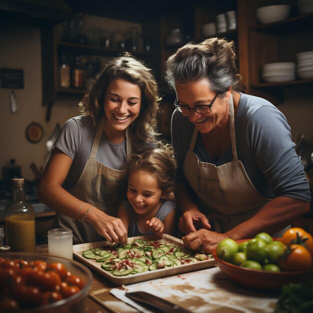 Foto drie generaties koken samen in een keuken van een grootouder naar een ouder naar een kind.