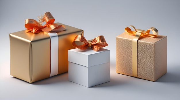 Drie geschenkdoosjes met een gouden lintje erop