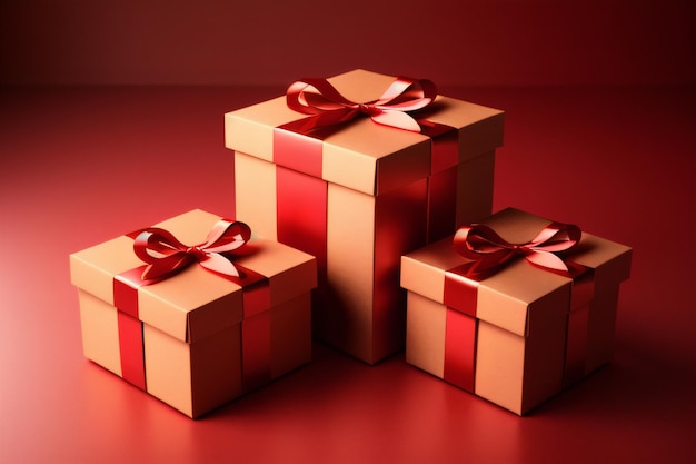 Drie geschenkdozen met rood lint erop, waarvan er één 'kerstmis' zegt