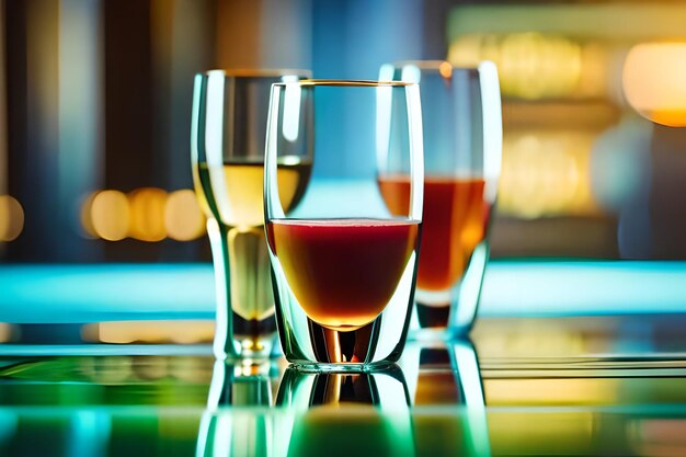 Foto drie glazen alcohol staan op een tafel met één gevuld met vloeistof