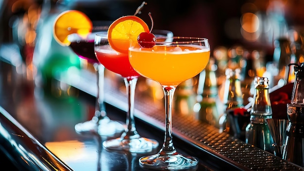 Drie glazen cocktails met sinaasappel en kersen op de bar.