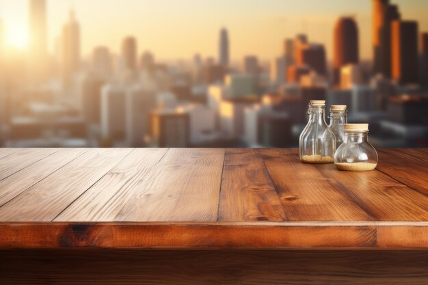 Drie glazen kruidenpotten op een houten tafel met een vaag stadsbeeld op de achtergrond