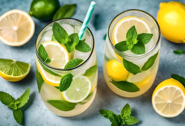 drie glazen limonade met muntbladeren en muntbladeren