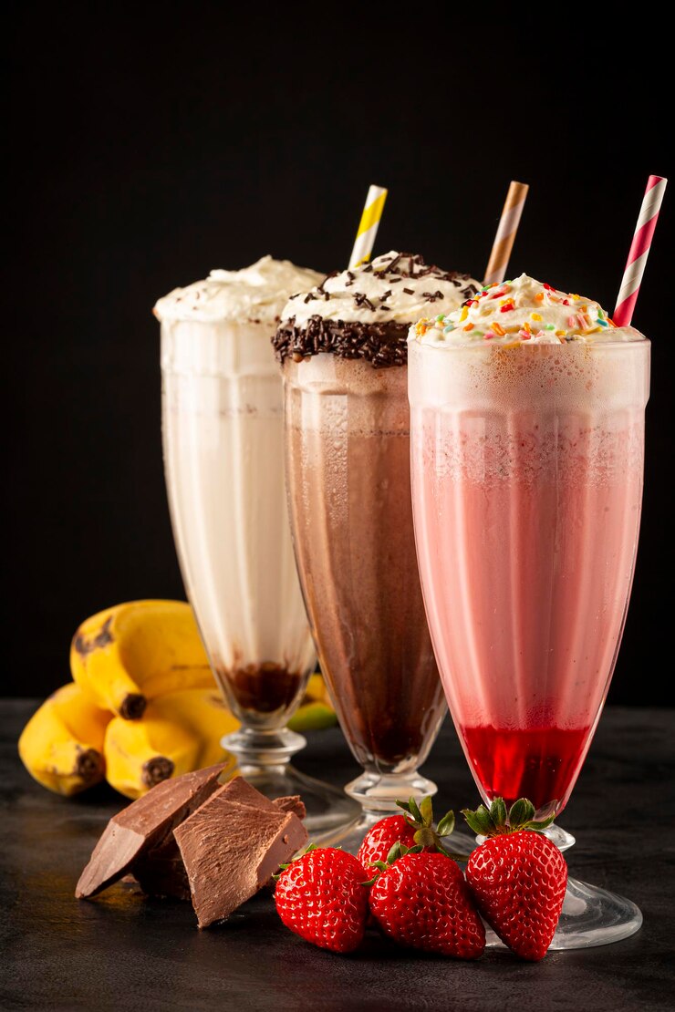 Drie glazen milkshake met diverse smaken. Chocolade, vanille en aardbeienmilkshake.