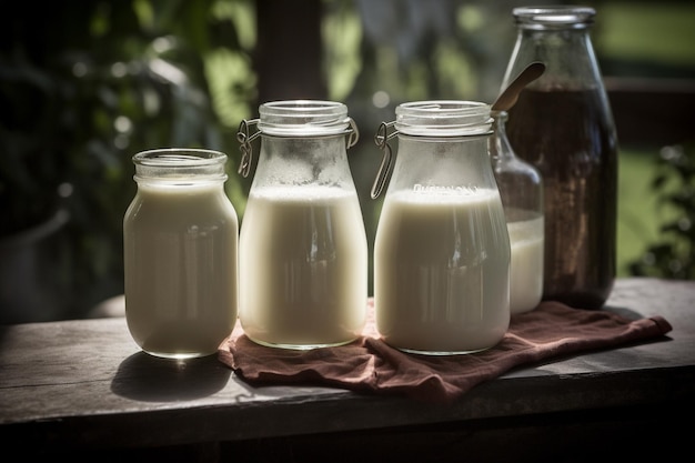 Drie glazen potten melk op een tafel met een fles koffie.