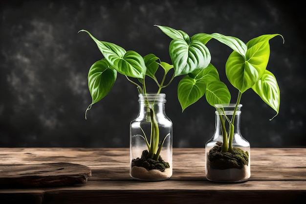 Foto drie glazen potten met planten en één met een die zegt plant